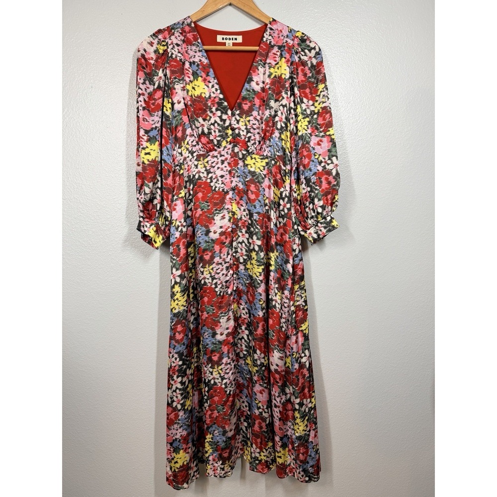 Boden‎ Satin Midi Tea Dress Size 4 Long Floral Button Front Pockets